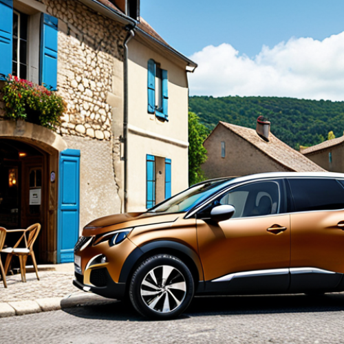 **

A stylish Peugeot 3008 Hybrid parked in a picturesque French village, showcasing its elegant design.  The backdrop includes a charming café and local architecture.  Emphasis on the car's modern aesthetic blended with the traditional French setting.

**