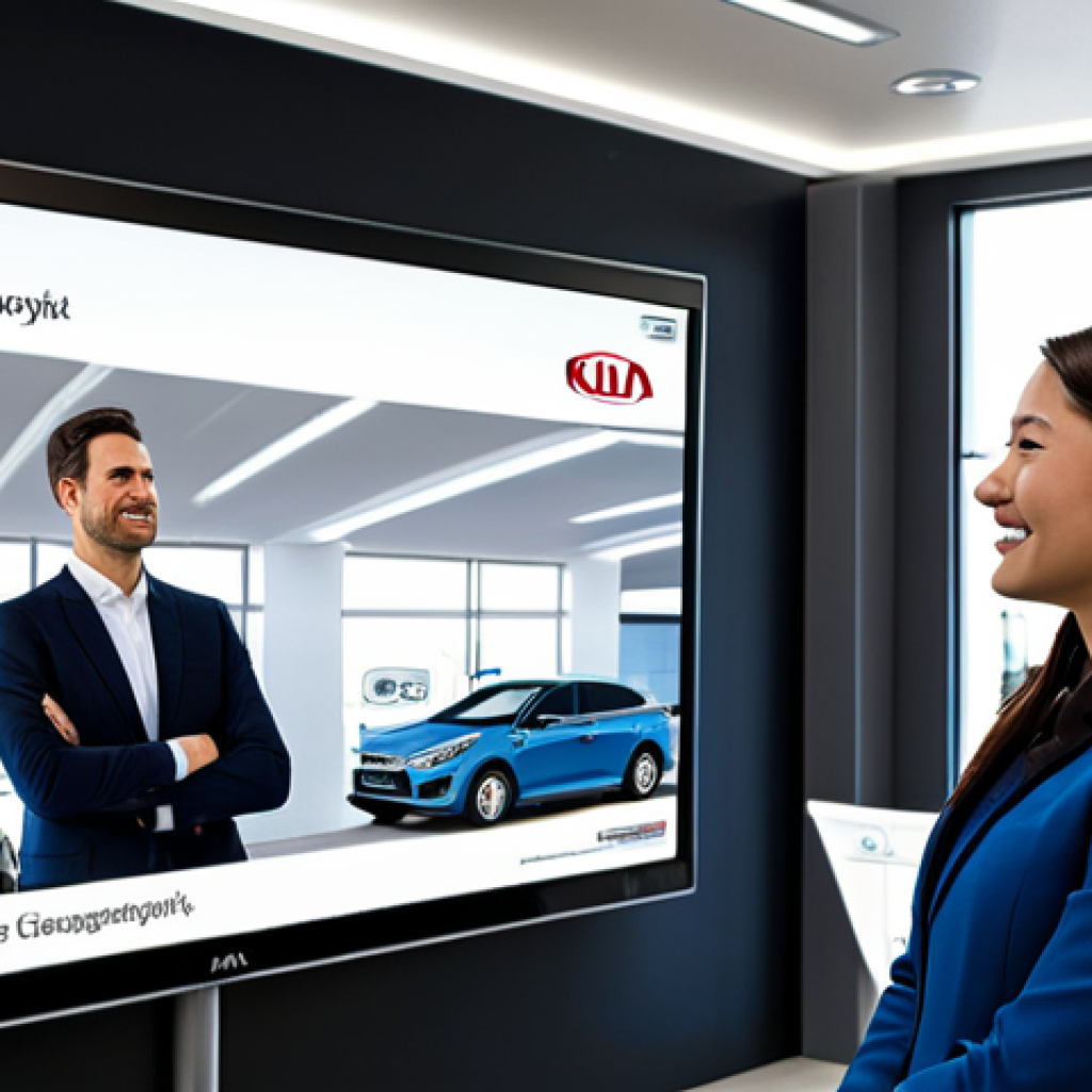 A professional female service advisor in a modest business suit, fully clothed, appropriate attire, standing opposite a male customer in smart casual wear. They are both attentively viewing a large, clear digital display screen showing a detailed car service quote in a modern, brightly lit Kia dealership service reception area. The scene conveys trust and clear communication. Professional photography, high quality, realistic, sharp focus, perfect anatomy, correct proportions, natural pose, well-formed hands, proper finger count, natural body proportions, safe for work, appropriate content, professional.