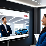 A professional female service advisor in a modest business suit, fully clothed, appropriate attire, standing opposite a male customer in smart casual wear. They are both attentively viewing a large, clear digital display screen showing a detailed car service quote in a modern, brightly lit Kia dealership service reception area. The scene conveys trust and clear communication. Professional photography, high quality, realistic, sharp focus, perfect anatomy, correct proportions, natural pose, well-formed hands, proper finger count, natural body proportions, safe for work, appropriate content, professional.