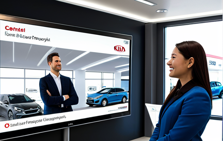 A professional female service advisor in a modest business suit, fully clothed, appropriate attire, standing opposite a male customer in smart casual wear. They are both attentively viewing a large, clear digital display screen showing a detailed car service quote in a modern, brightly lit Kia dealership service reception area. The scene conveys trust and clear communication. Professional photography, high quality, realistic, sharp focus, perfect anatomy, correct proportions, natural pose, well-formed hands, proper finger count, natural body proportions, safe for work, appropriate content, professional.