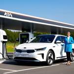 A professional female driver, fully clothed in modest, appropriate attire, standing confidently beside a sleek, modern Kia EV6 electric vehicle. The car is actively charging at a high-power DC fast charging station, with subtle branding like 'Ionity' or 'Electra', located within a well-maintained highway rest area in France. The atmosphere is bright and efficient, highlighting the rapid charging process. The background shows a clean, modern infrastructure and hints of other electric vehicles. professional photography, sharp focus, natural lighting, high resolution, perfect anatomy, correct proportions, natural pose, well-formed hands, proper finger count, natural body proportions, safe for work, appropriate content, fully clothed, professional, family-friendly.