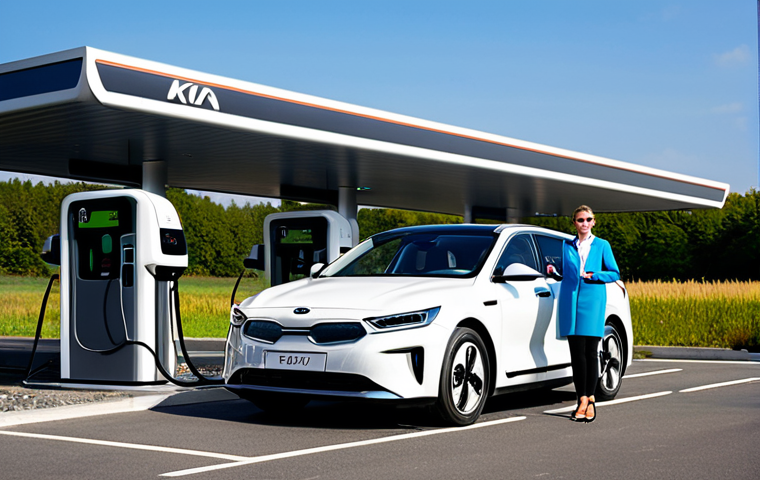A professional female driver, fully clothed in modest, appropriate attire, standing confidently beside a sleek, modern Kia EV6 electric vehicle. The car is actively charging at a high-power DC fast charging station, with subtle branding like 'Ionity' or 'Electra', located within a well-maintained highway rest area in France. The atmosphere is bright and efficient, highlighting the rapid charging process. The background shows a clean, modern infrastructure and hints of other electric vehicles. professional photography, sharp focus, natural lighting, high resolution, perfect anatomy, correct proportions, natural pose, well-formed hands, proper finger count, natural body proportions, safe for work, appropriate content, fully clothed, professional, family-friendly.
