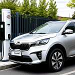 A contemporary Kia Sorento Hybrid SUV is parked and charging at a modern public charging station on a clean urban street, bathed in soft daylight. A professional adult, fully clothed in modest, appropriate attire, stands beside the vehicle, observing the charging process. The scene emphasizes modern efficiency and eco-friendly urban living. safe for work, appropriate content, family-friendly, perfect anatomy, correct proportions, natural pose, well-formed hands, proper finger count, natural body proportions, high quality, professional photography.