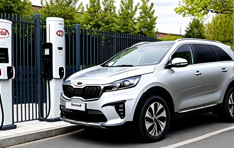 A contemporary Kia Sorento Hybrid SUV is parked and charging at a modern public charging station on a clean urban street, bathed in soft daylight. A professional adult, fully clothed in modest, appropriate attire, stands beside the vehicle, observing the charging process. The scene emphasizes modern efficiency and eco-friendly urban living. safe for work, appropriate content, family-friendly, perfect anatomy, correct proportions, natural pose, well-formed hands, proper finger count, natural body proportions, high quality, professional photography.
