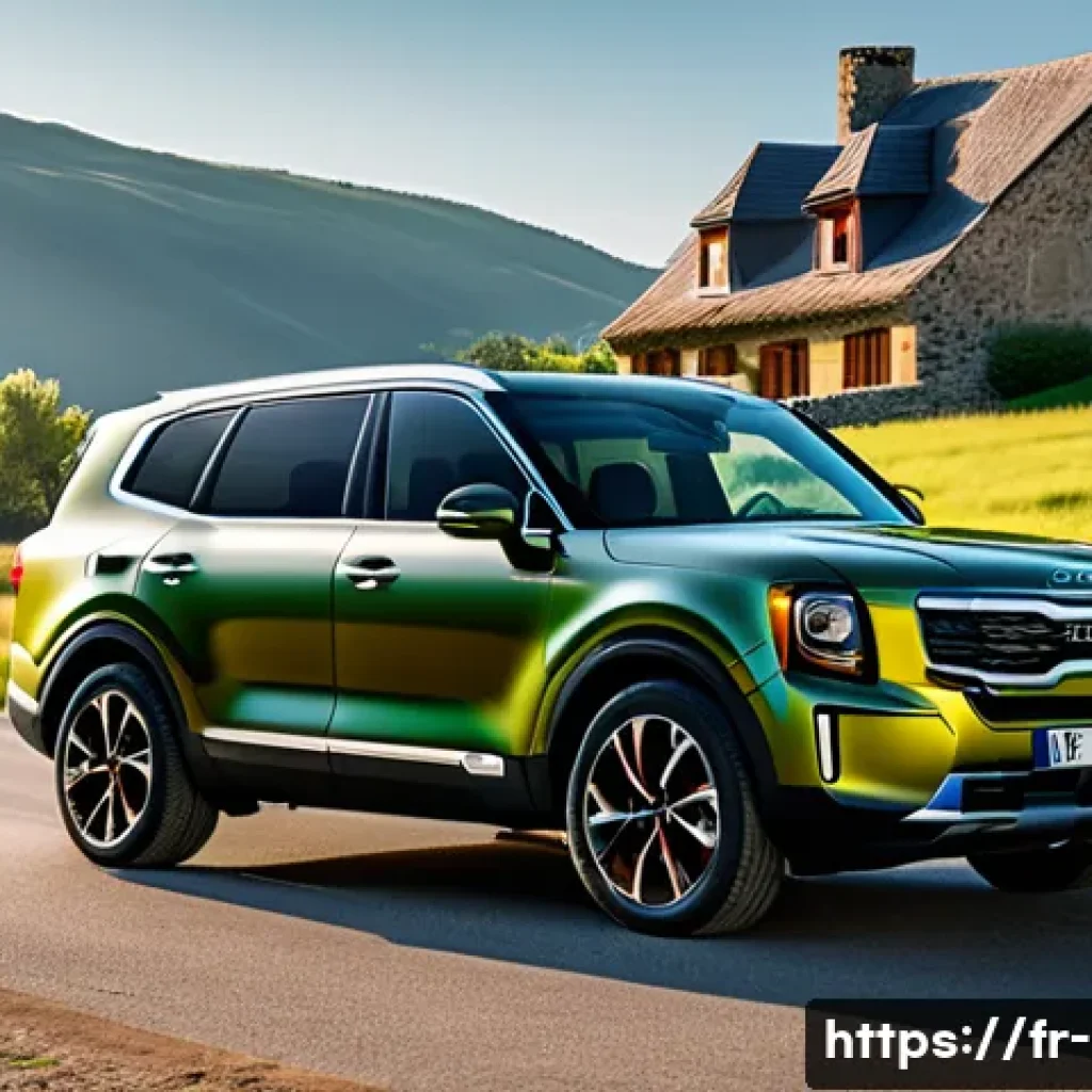 기아 텔루라이드 국내 출시 가능성 - A sleek and robust Kia Telluride SUV parked on a scenic French countryside road during golden hour, ...