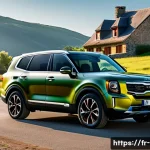 기아 텔루라이드 국내 출시 가능성 - A sleek and robust Kia Telluride SUV parked on a scenic French countryside road during golden hour, ...