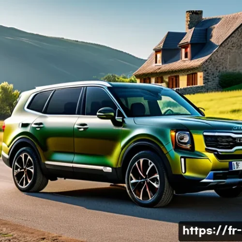 기아 텔루라이드 국내 출시 가능성 - A sleek and robust Kia Telluride SUV parked on a scenic French countryside road during golden hour, ...