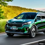 기아 차량 색상 추천 - A sleek, modern Kia SUV painted in deep forest green with a glossy finish, parked on a scenic countr...