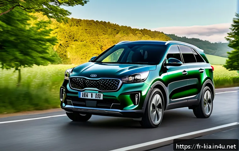 기아 차량 색상 추천 - A sleek, modern Kia SUV painted in deep forest green with a glossy finish, parked on a scenic countr...