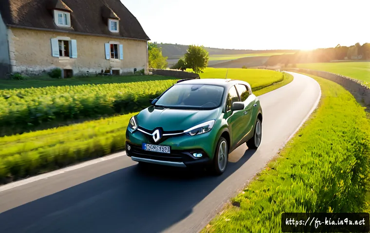 기아 니로 하이브리드 연비 - Photorealistic badge-free compact hybrid crossover driving smoothly along a quiet rural road in the ...