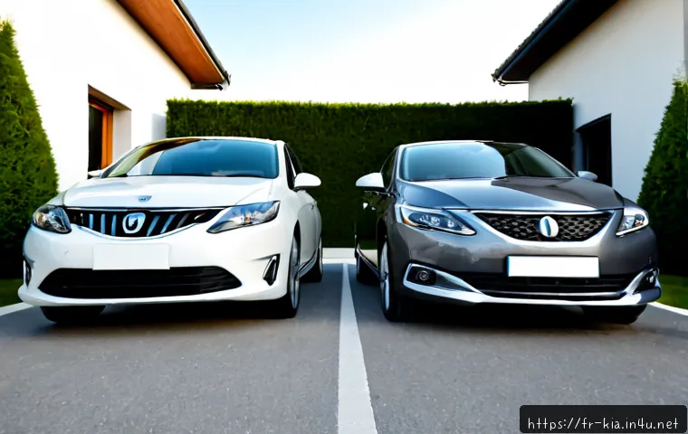 기아 K5와 쏘나타 비교 - Photorealistic comparison scene of two unbranded modern midsize sedans parked side by side in a clea...